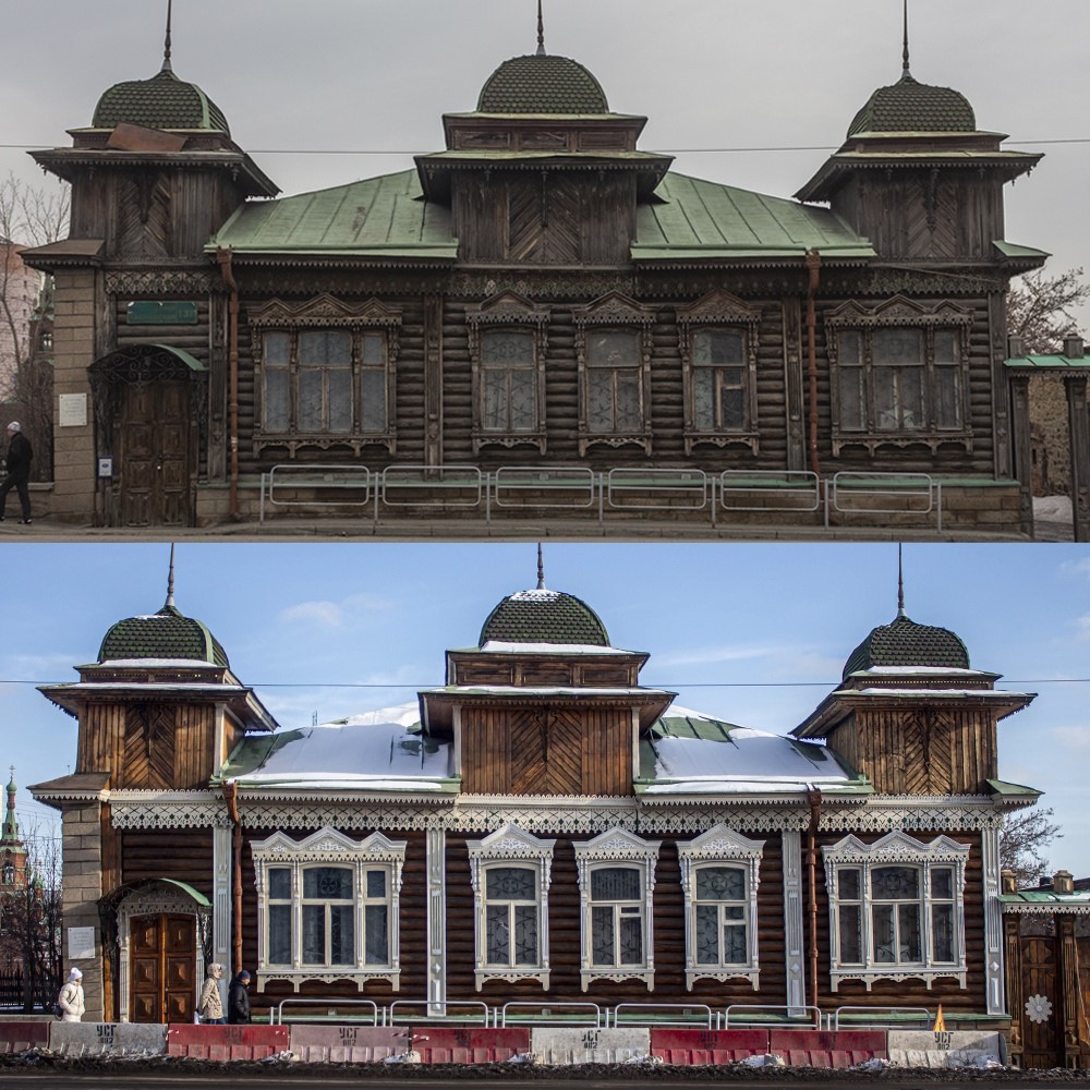 Главный фасад здания до и после реставрации. 2019 г.